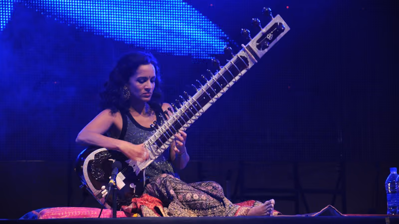 Anoushka Shankar playing sitar on stage at NH7 Weekender